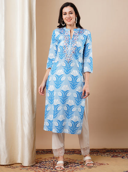 Ethnic Khari Printed & Embroidered Straight Fit Kurta - Blue