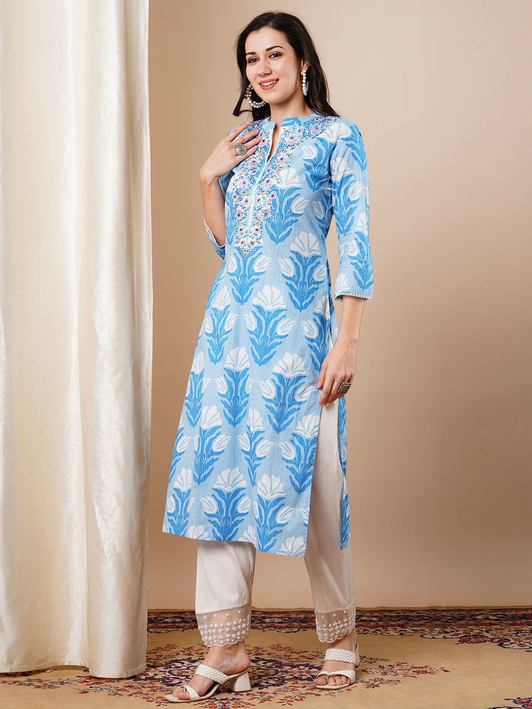 Ethnic Khari Printed & Embroidered Straight Fit Kurta - Blue