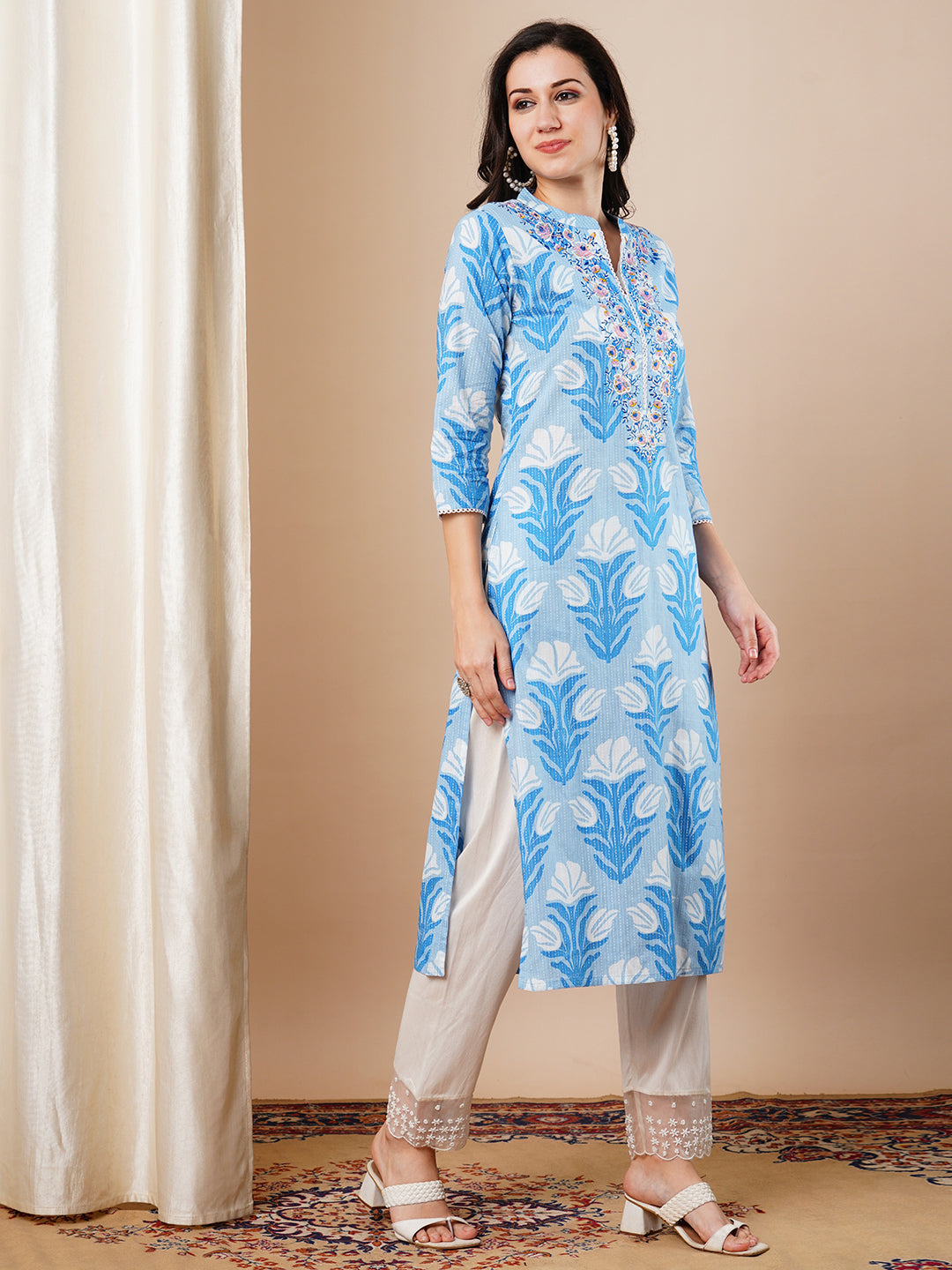 Ethnic Khari Printed & Embroidered Straight Fit Kurta - Blue