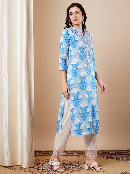 Ethnic Khari Printed & Embroidered Straight Fit Kurta - Blue