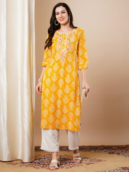 Ethnic Khari Printed & Embroidered Straight Fit Kurta - Yellow