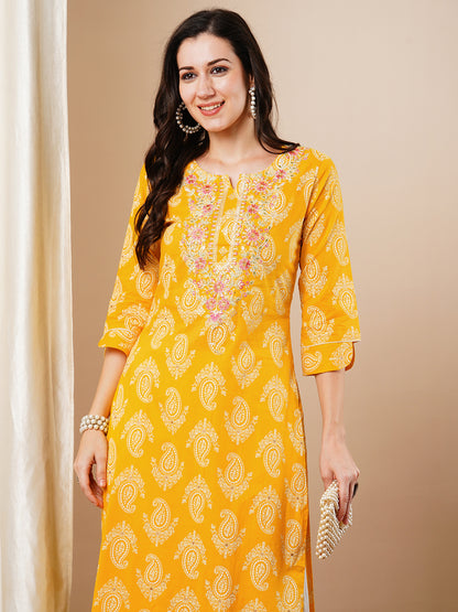 Ethnic Khari Printed & Embroidered Straight Fit Kurta - Yellow