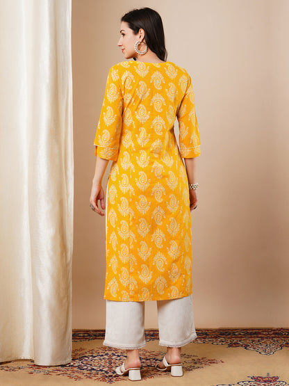 Ethnic Khari Printed & Embroidered Straight Fit Kurta - Yellow