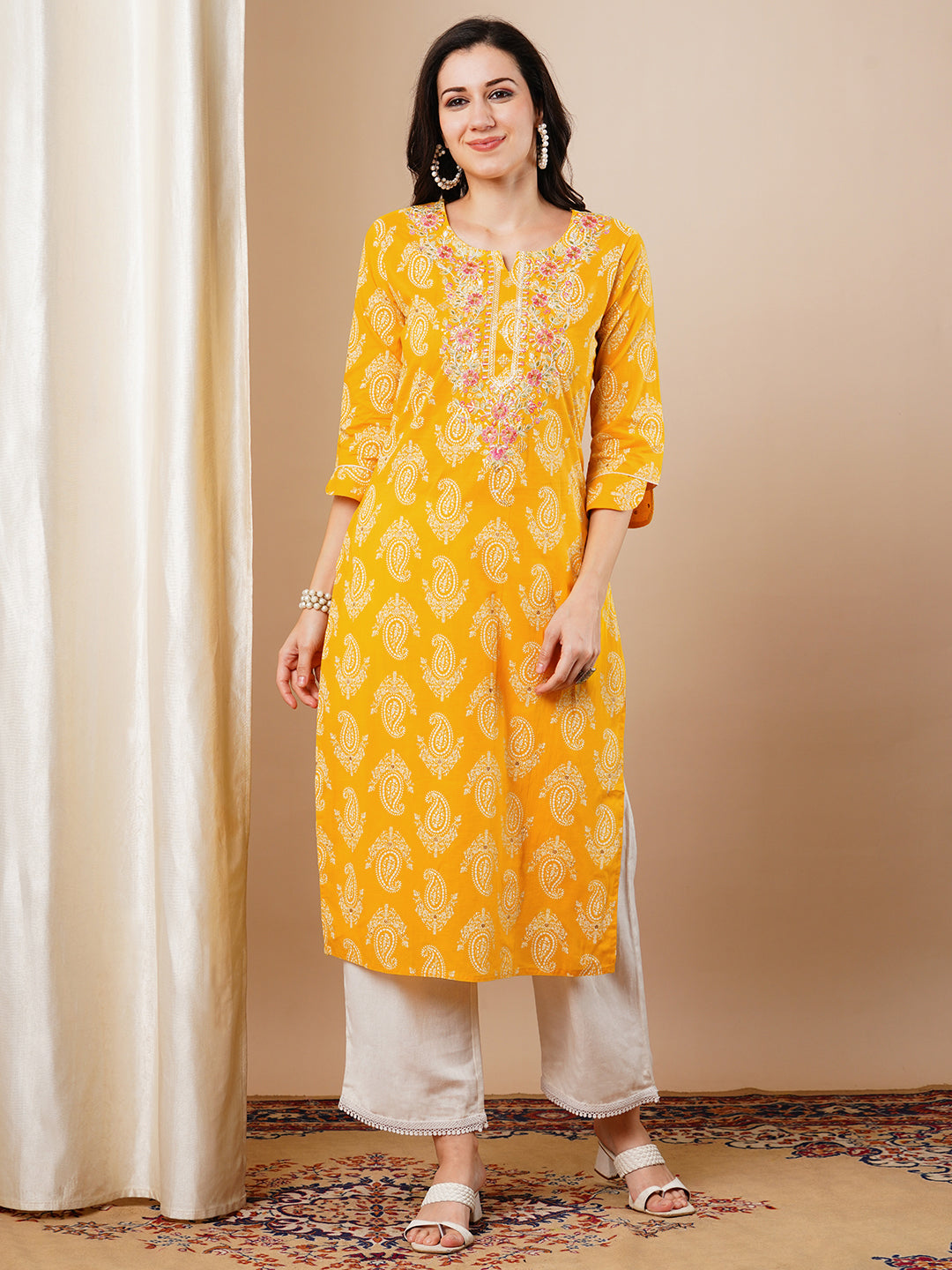 Ethnic Khari Printed & Embroidered Straight Fit Kurta - Yellow