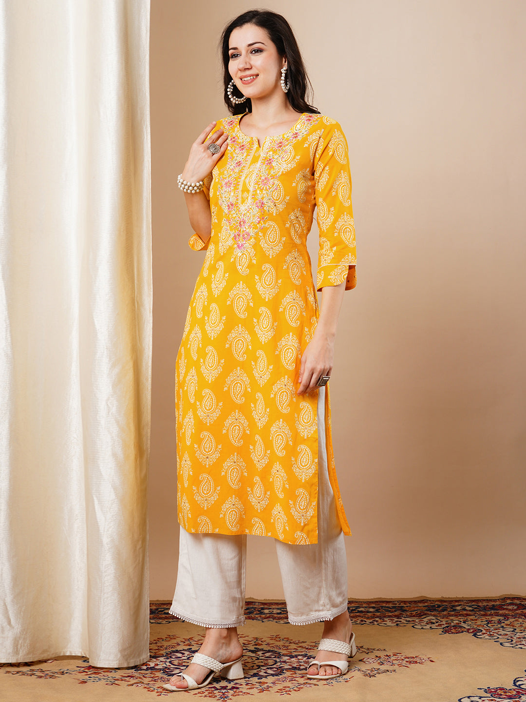 Ethnic Khari Printed & Embroidered Straight Fit Kurta - Yellow