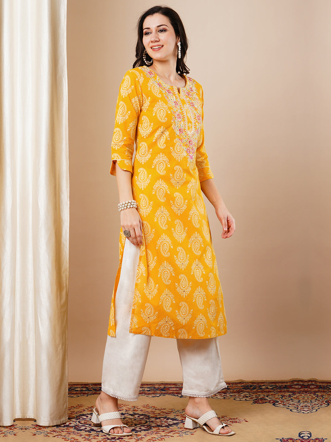 Ethnic Khari Printed & Embroidered Straight Fit Kurta - Yellow