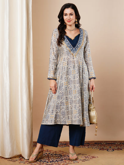 Ethnic Foil Printed & Embroidered A-Line Kurta - Grey