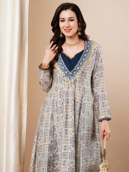 Ethnic Foil Printed & Embroidered A-Line Kurta - Grey