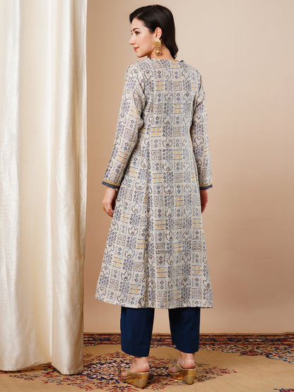 Ethnic Foil Printed & Embroidered A-Line Kurta - Grey