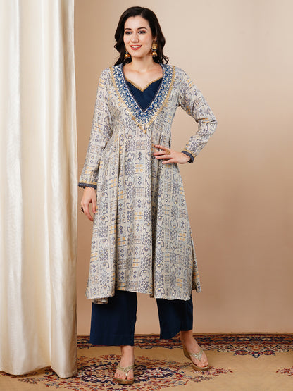 Ethnic Foil Printed & Embroidered A-Line Kurta - Grey