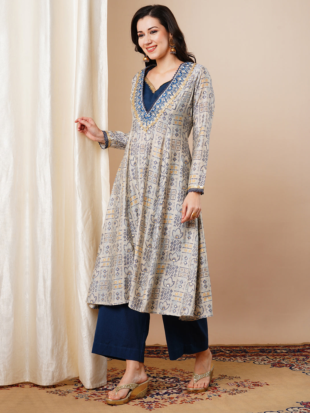 Ethnic Foil Printed & Embroidered A-Line Kurta - Grey