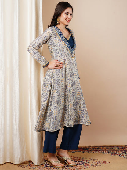 Ethnic Foil Printed & Embroidered A-Line Kurta - Grey