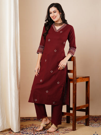 Solid Ethnic Embroidered Straight Kurta with Pant - Maroon