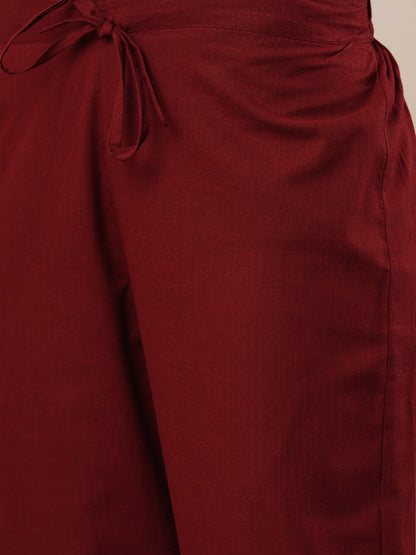 Solid Ethnic Embroidered Straight Kurta with Pant - Maroon