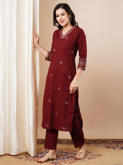 Solid Ethnic Embroidered Straight Kurta with Pant - Maroon
