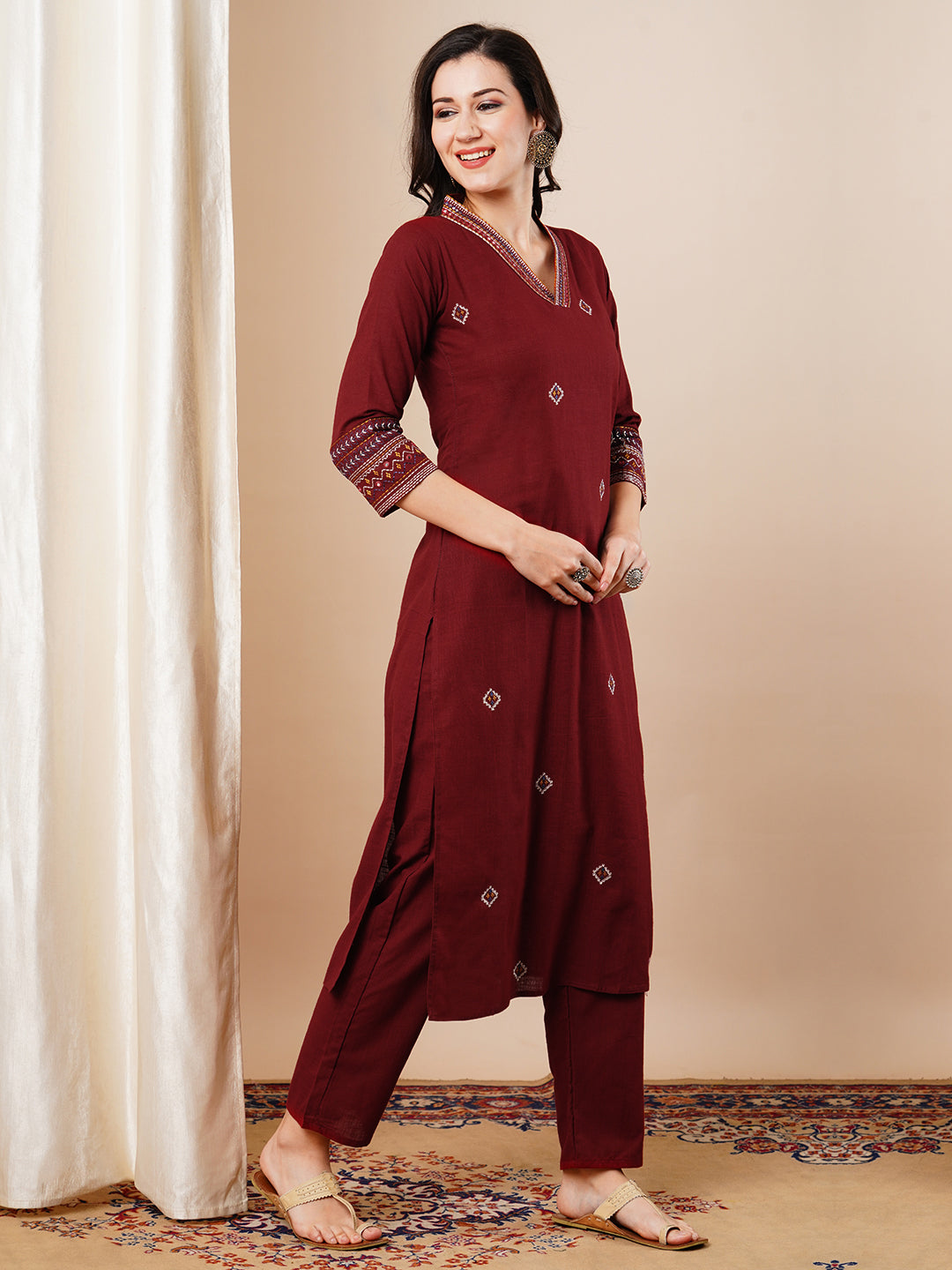 Solid Ethnic Embroidered Straight Kurta with Pant - Maroon