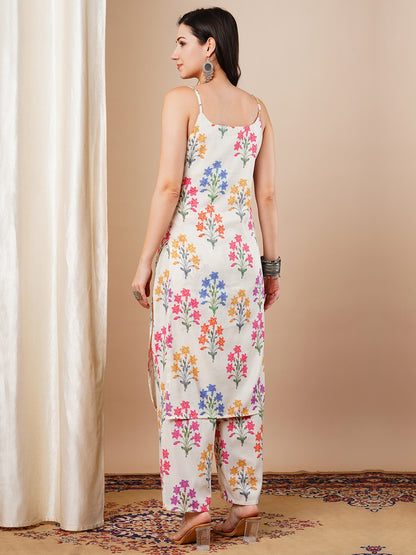 Ethnic Floral Printed Straight Fit Co-ord Set - Off White