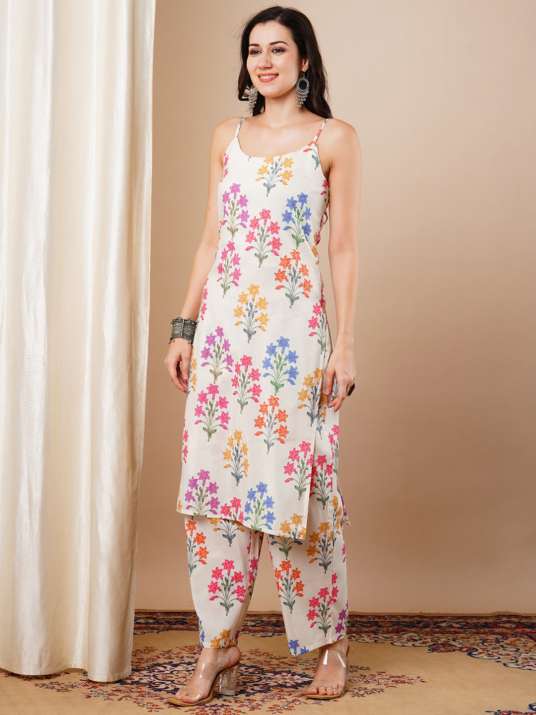 Ethnic Floral Printed Straight Fit Co-ord Set - Off White