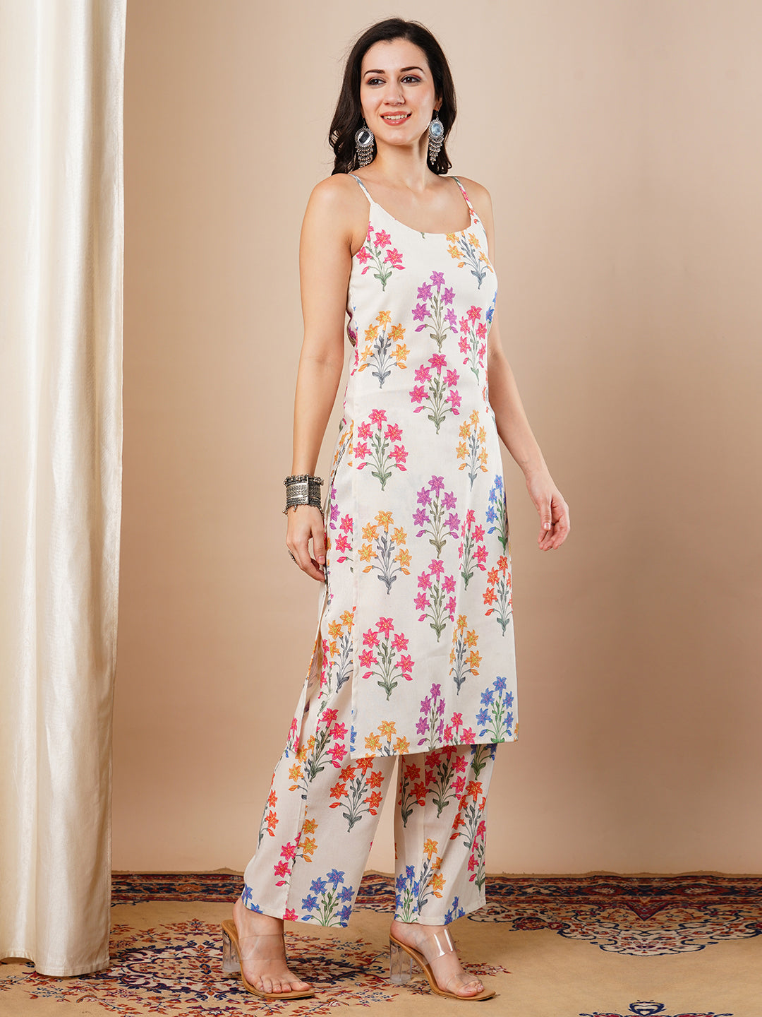 Ethnic Floral Printed Straight Fit Co-ord Set - Off White