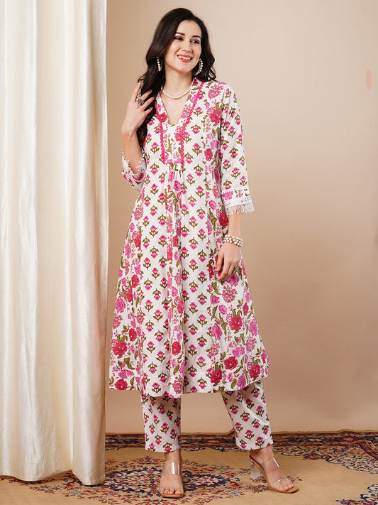 Ethnic Floral Printed Anarkali Flared Kurta with Pant - White