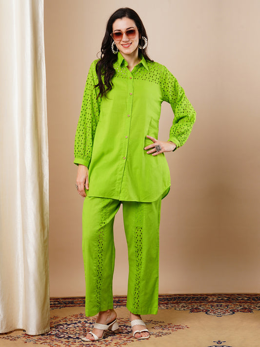 Solid Schiffli Embroidered Straight Fit Co-ord Set - Lime Green