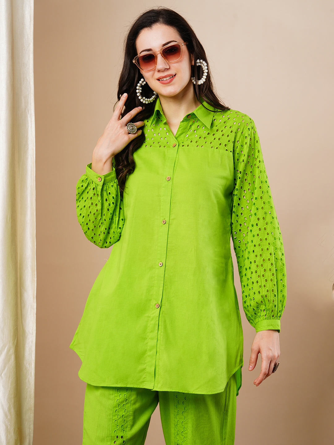 Solid Schiffli Embroidered Straight Fit Co-ord Set - Lime Green