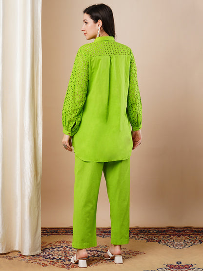 Solid Schiffli Embroidered Straight Fit Co-ord Set - Lime Green