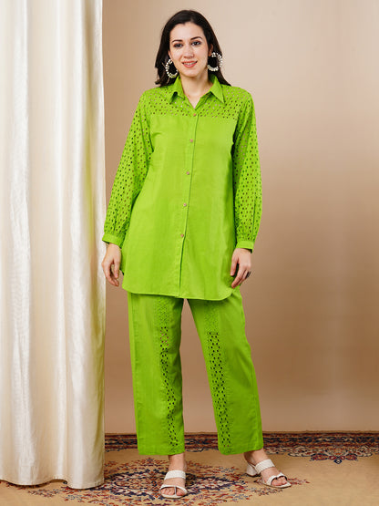 Solid Schiffli Embroidered Straight Fit Co-ord Set - Lime Green