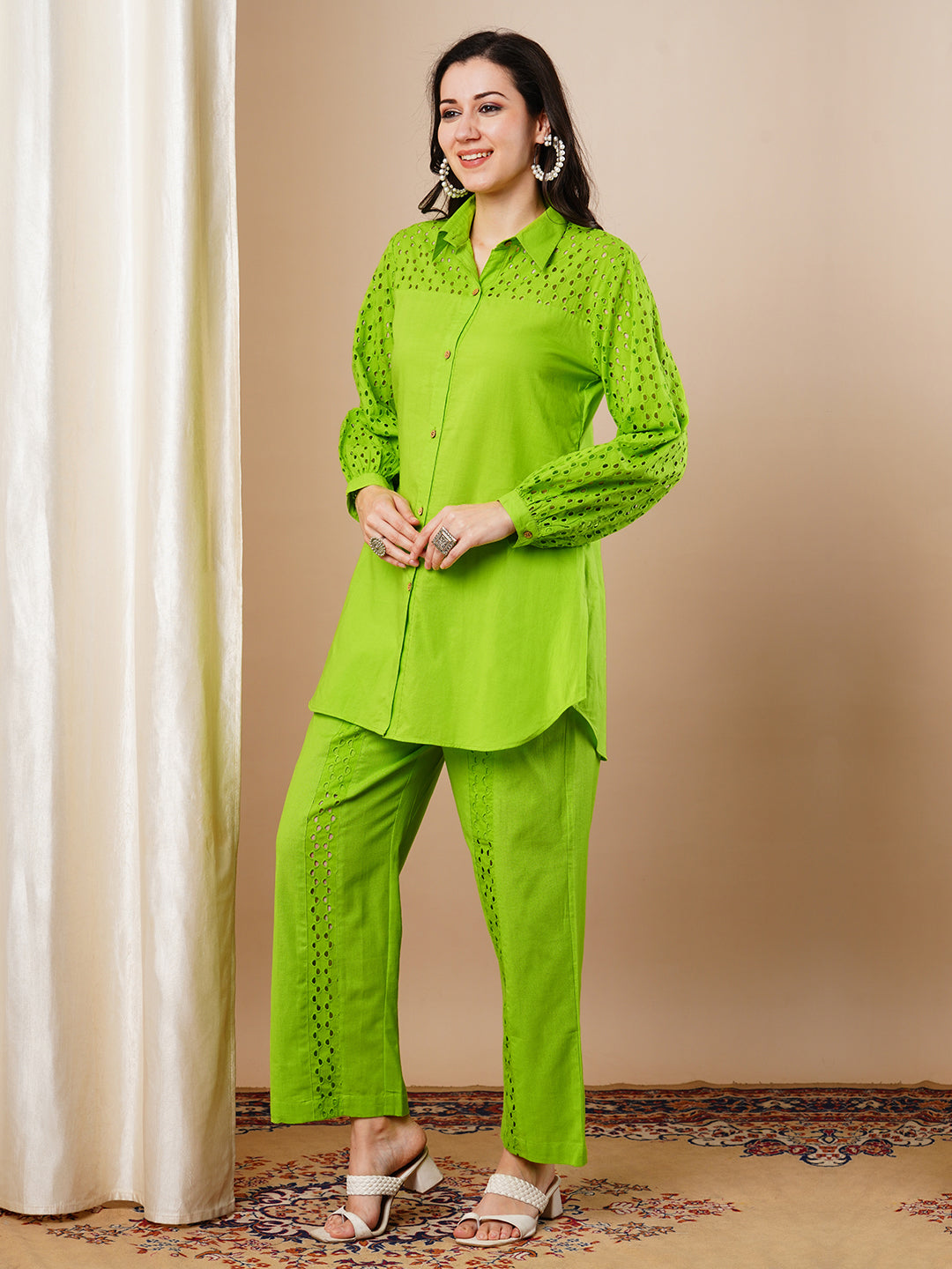 Solid Schiffli Embroidered Straight Fit Co-ord Set - Lime Green