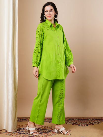 Solid Schiffli Embroidered Straight Fit Co-ord Set - Lime Green