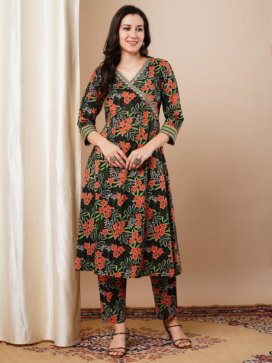 Ethnic Floral Printed A-Line Kurta with Pant - Black