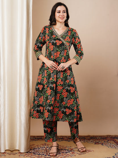 Ethnic Floral Printed A-Line Kurta with Pant - Black