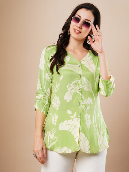 Abstract Floral Printed Straight Fit Kurti - Green