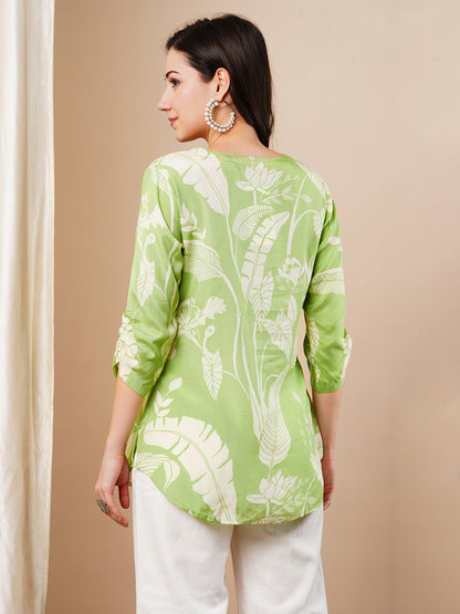 Abstract Floral Printed Straight Fit Kurti - Green