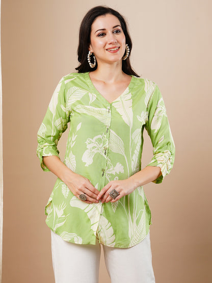 Abstract Floral Printed Straight Fit Kurti - Green