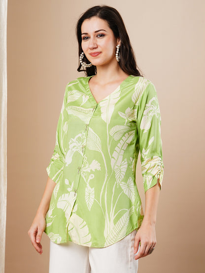 Abstract Floral Printed Straight Fit Kurti - Green