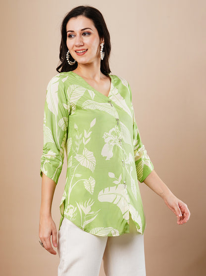 Abstract Floral Printed Straight Fit Kurti - Green