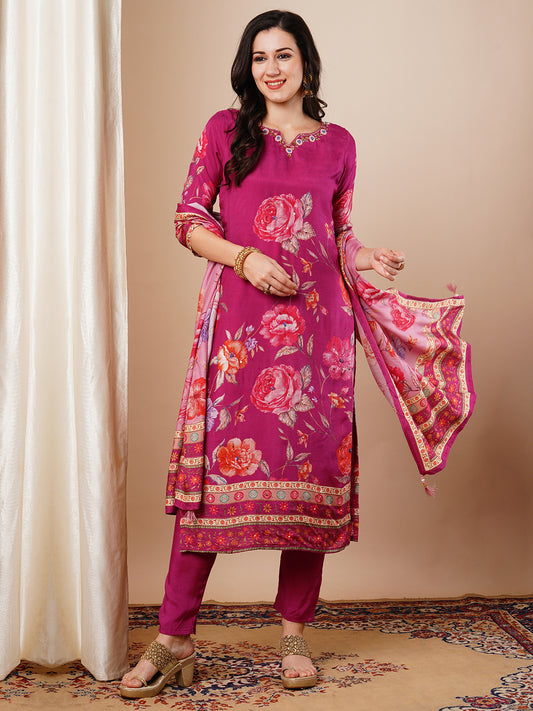 Floral Printed & Hand Embroidered Straight Fit Kurta with Pant and Dupatta - Magenta