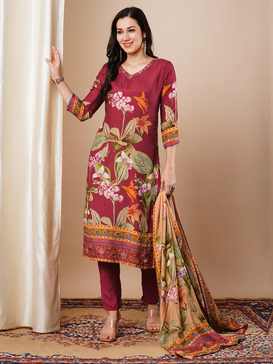 Floral Printed & Embroidered Straight Fit Kurta with Pant and Dupatta - Maroon