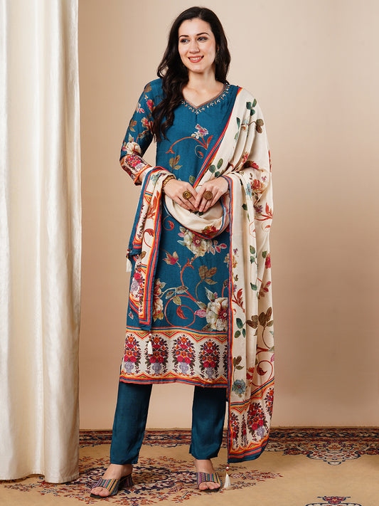 Floral Printed & Embroidered Straight Fit Kurta with Pant and Dupatta - Blue