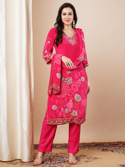 Abstract Floral Printed & Embroidered Straight Fit Kurta with Pant and Dupatta - Pink