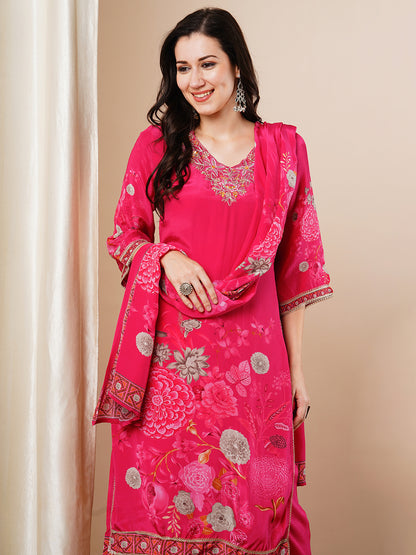 Abstract Floral Printed & Embroidered Straight Fit Kurta with Pant and Dupatta - Pink