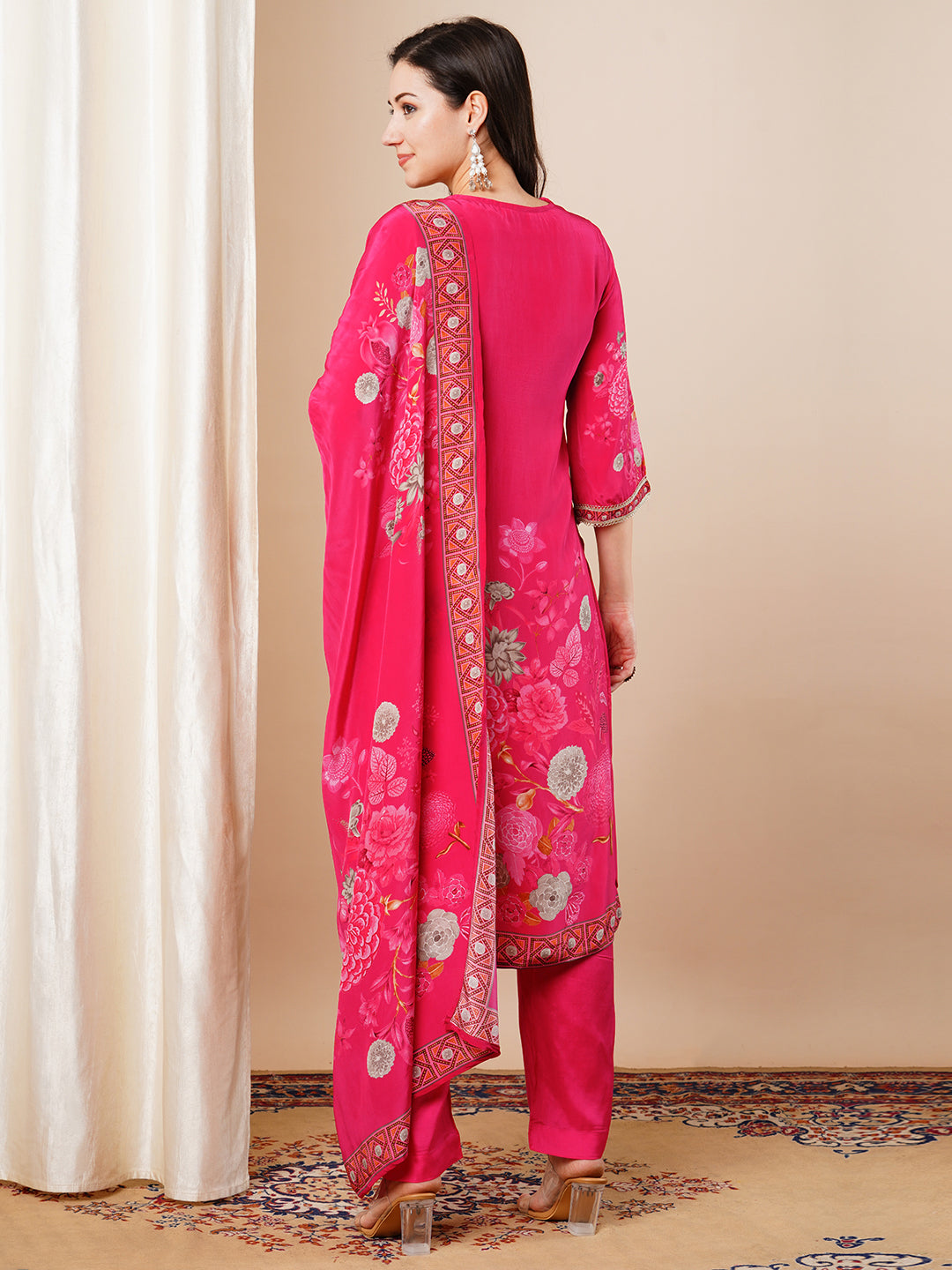 Abstract Floral Printed & Embroidered Straight Fit Kurta with Pant and Dupatta - Pink