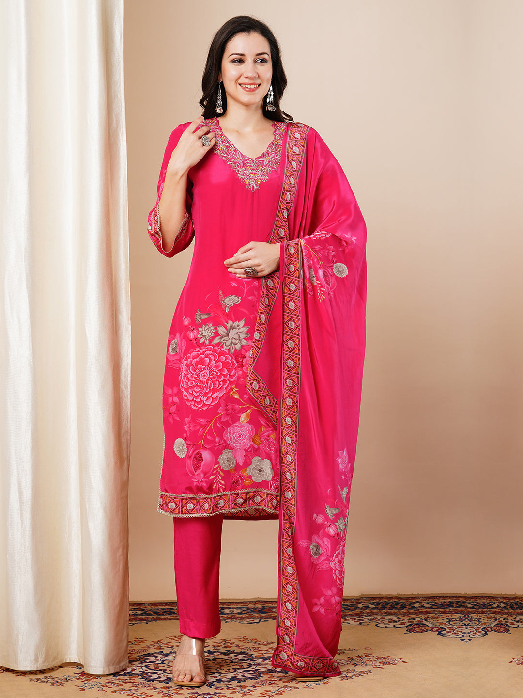 Abstract Floral Printed & Embroidered Straight Fit Kurta with Pant and Dupatta - Pink