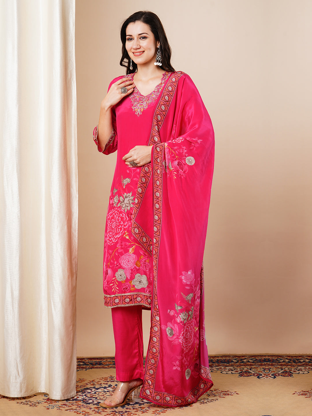 Abstract Floral Printed & Embroidered Straight Fit Kurta with Pant and Dupatta - Pink