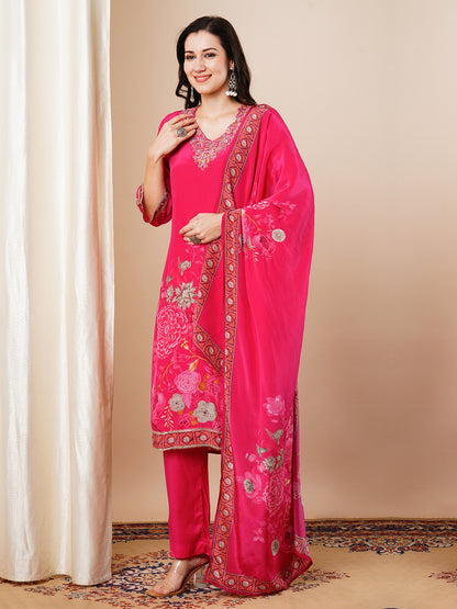 Abstract Floral Printed & Embroidered Straight Fit Kurta with Pant and Dupatta - Pink