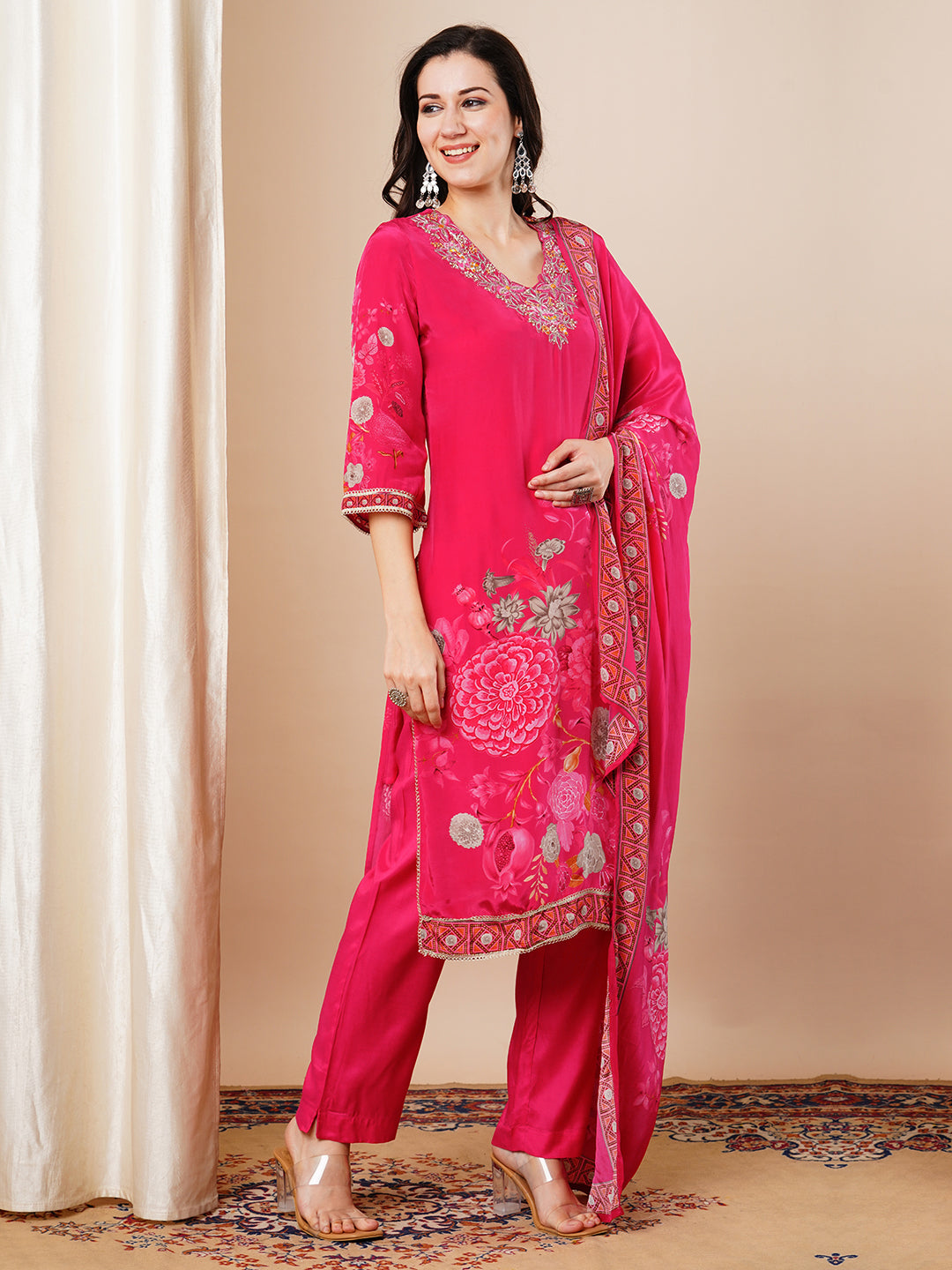 Abstract Floral Printed & Embroidered Straight Fit Kurta with Pant and Dupatta - Pink