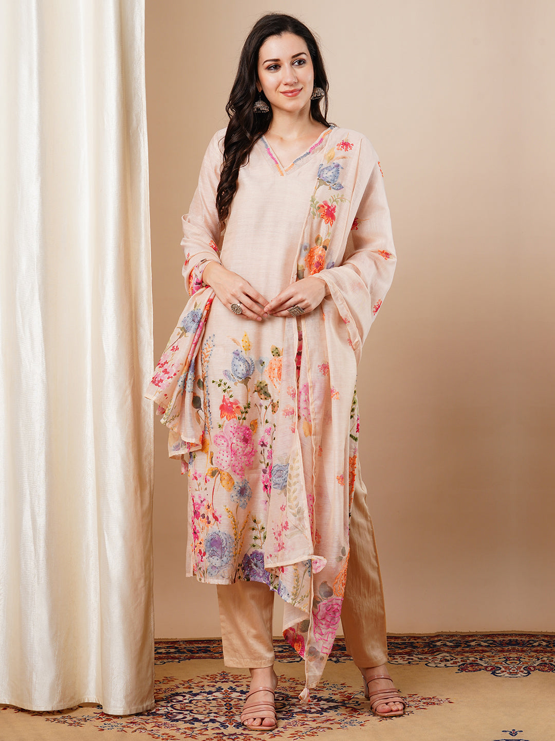 Floral Printed & Embroidered Straight Fit Kurta with Pant and Dupatta - Beige