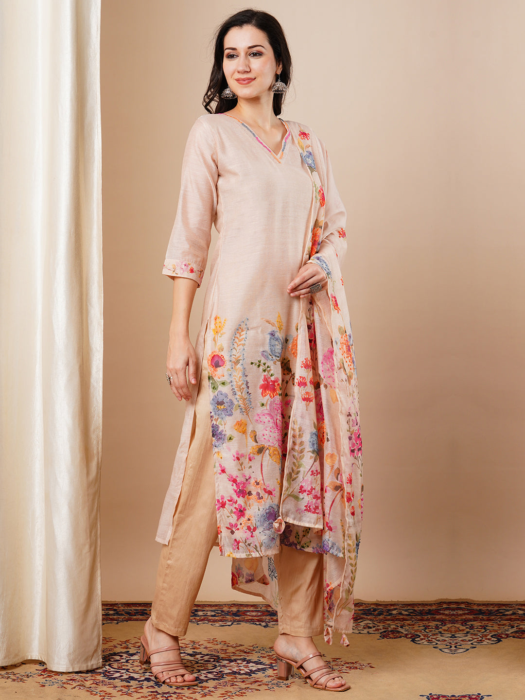 Floral Printed & Embroidered Straight Fit Kurta with Pant and Dupatta - Beige