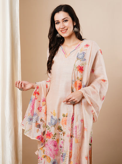 Floral Printed & Embroidered Straight Fit Kurta with Pant and Dupatta - Beige